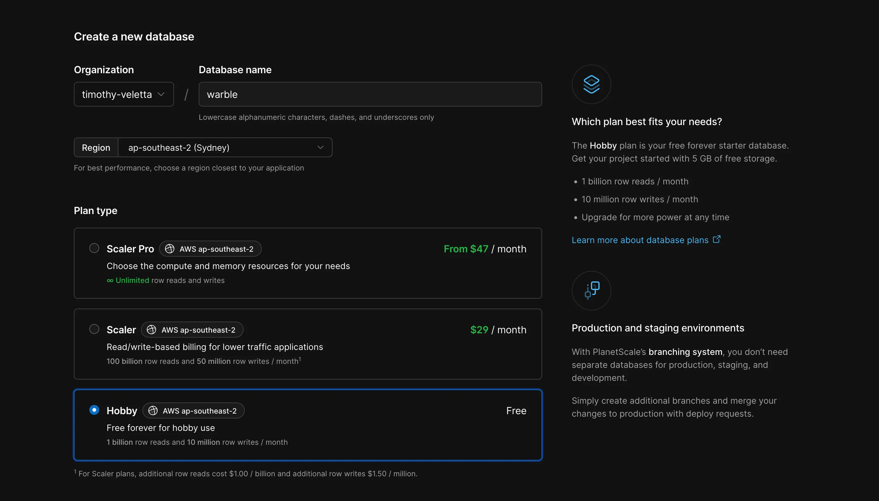 The PlanetScale create database screen